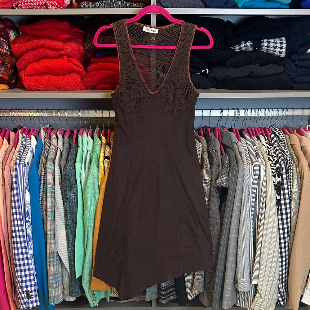 Privilege brown faux suede embroidered asymmetrical hem sleeveless dress size S